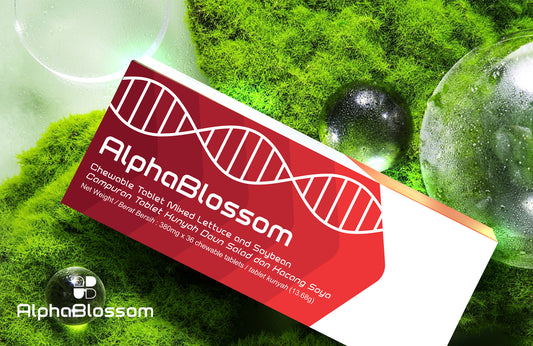 Alpha Blossom - A formulation featuring ingredients that includes Green Algae (28%) and Red Algae (20%).

Direction&nbsp;to use
2 times daily
2 chewable tablets each time with water.
International Product Certification
GMP Malaysia
ISO 22000:2018
MeSTI